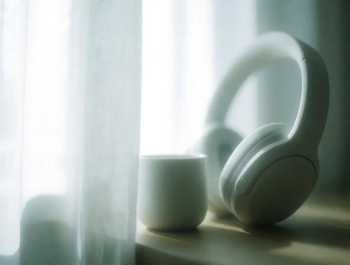 A pair of headphones resting in soft light